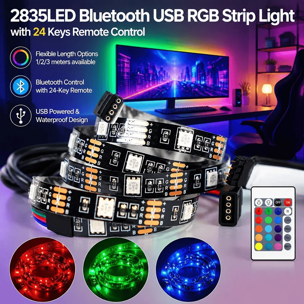 Led Strip Lights Rgb Bluetooth Remote Usb Powered Waterproof Flexible Tape Light Tv Background Room Decor Gaming Setup 5050