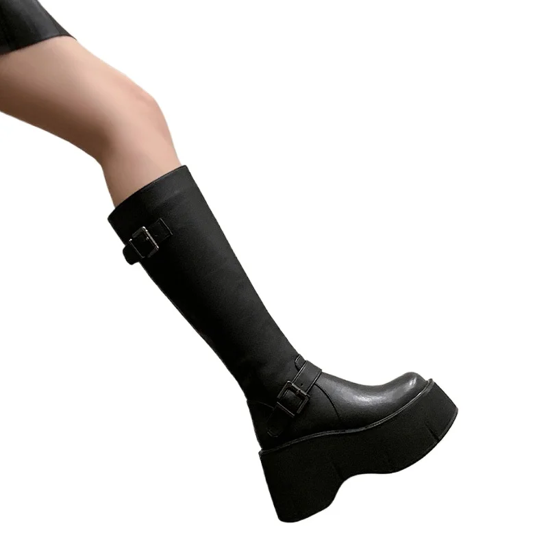 2024 Women's Shoes Basic Women's Boots Classics Knee-High Boots Women Belt Buckle Side Zip Round Toe Wedge Platform Shoes Ladies