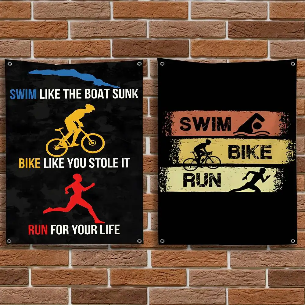 

Swim Bike Run Triathlon Flag Cool Funny Tapestry for College Dorm Room Guys Girls Cave Frat Bedroom