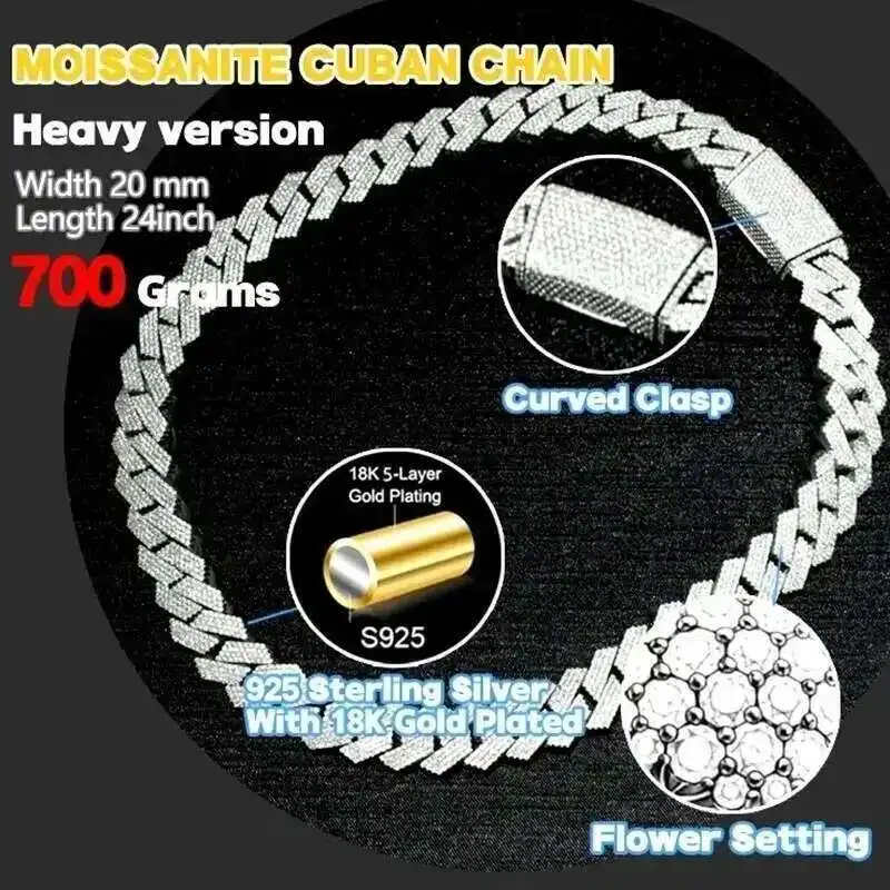 

Iced Out Mossante Necklace Jewelry VVS 925 Sterling Silver def 20mm Diamond Moissanite White Gold Plated Rapper Hip Hop C
