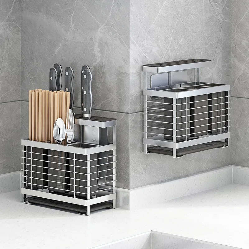 

304 Stainless Steel Stand Wall Mounted Kitchen Storage Rack Knife Holder Cutlery Box Organizer Container