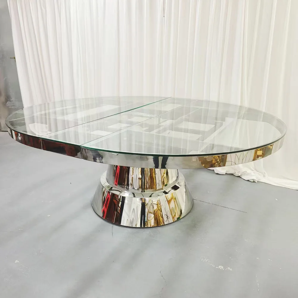 

FSDKX Stainless Steel Table Round Party Wedding Banquet Table Glass Top Dining Table