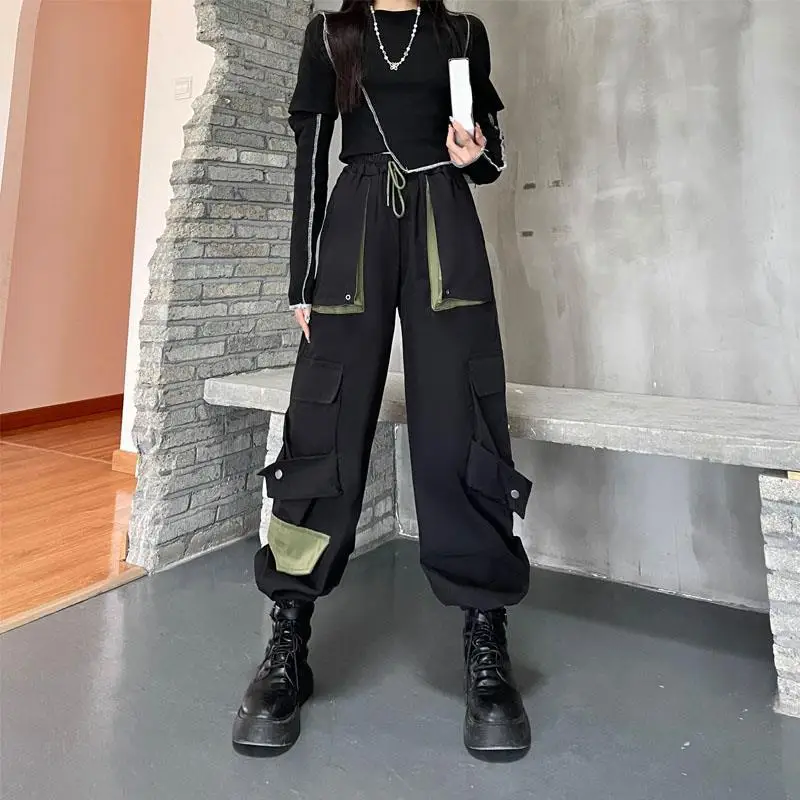 Casual Work Pants for Women in Spring and Autumn Trendy Color Blocked Straight Leg High Waisted Leg Tied Pants Loose and Slimm