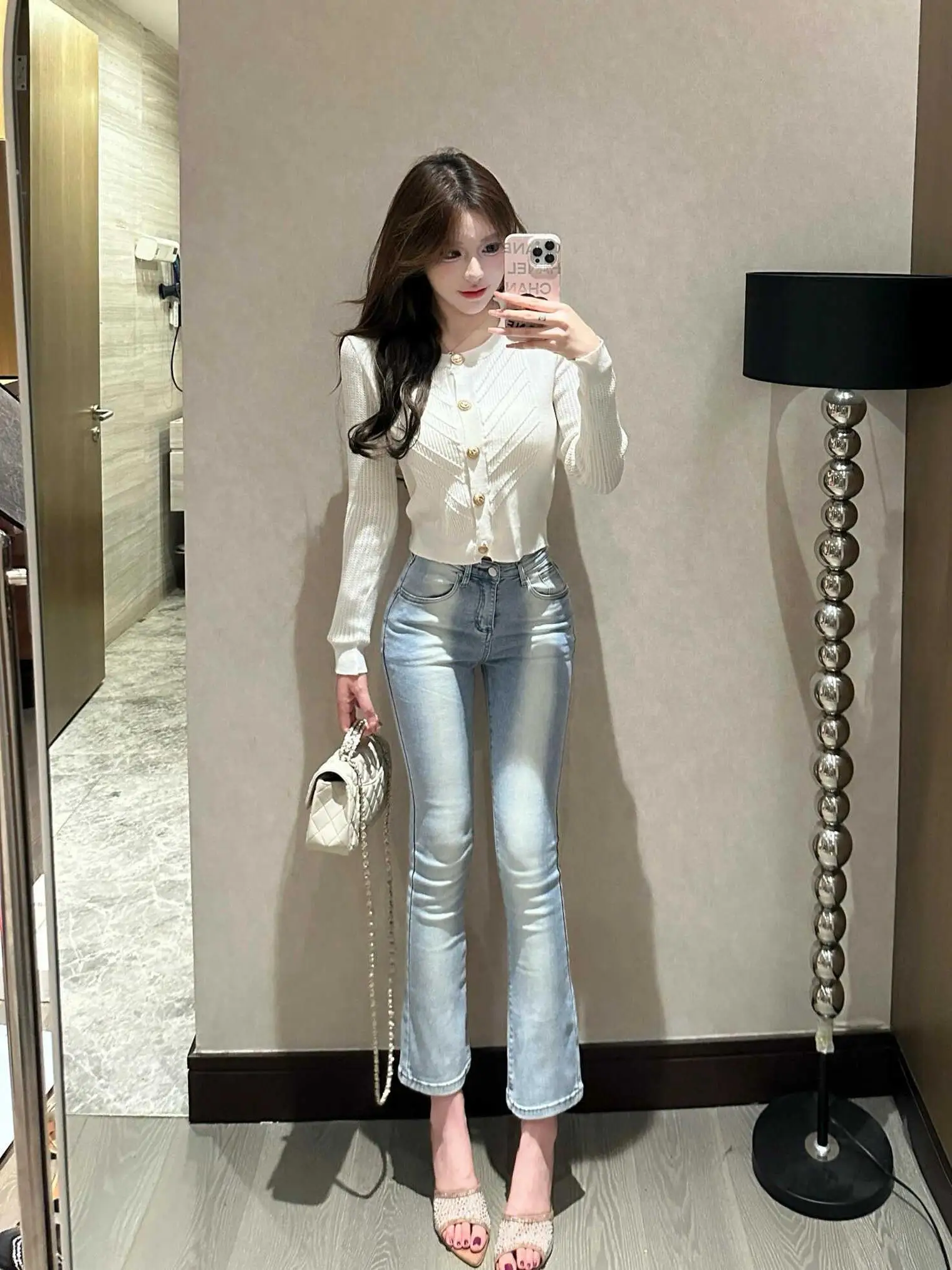 

Unique Beautiful Light Blue adient High Waist Slimming Straight Leg Jeans Korean Sle Nine Point Pants Casual Cotton Stret...