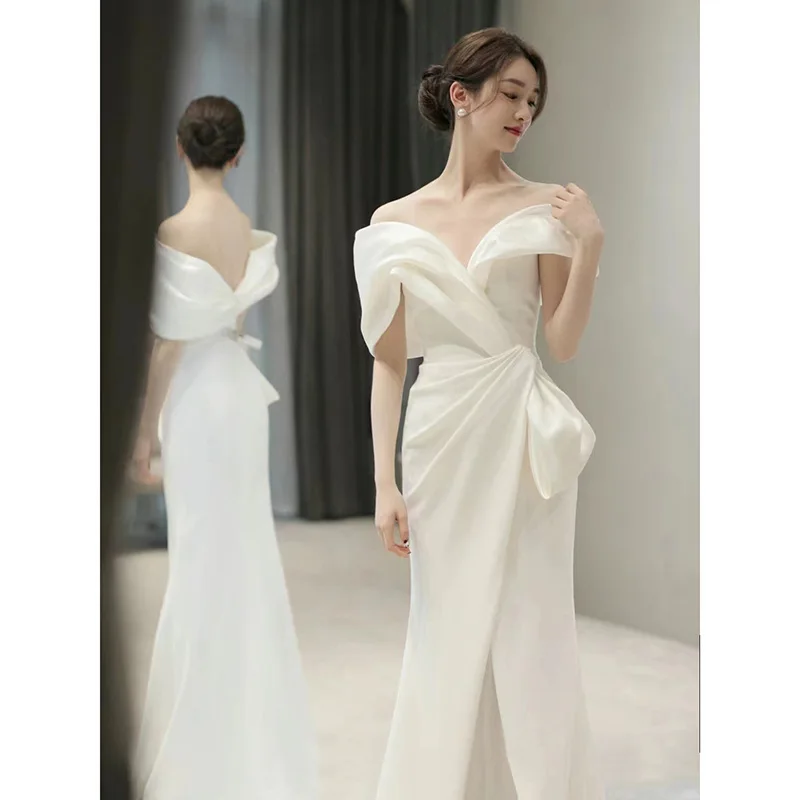 PJN White Wedding Dress Bride Satin Off Shoulder Mermaid Snapshot Dresses Women Formal Graduation Gown Long Evening Party Dress
