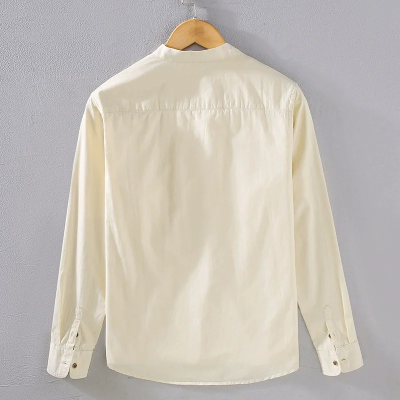 Stand Collar Premium Shirts For Men Long Sleeved Skin-Friendly Spring Quality Natural Cotton Thin Solid Casual Camisas De Hombre