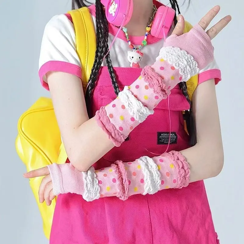 Kawaii Pink Polka Dot Arm Warmers Japanese Harajuku Lace Ruffle Sleeve Covers Women Y2K Decora Aesthetic Fingerless Gloves