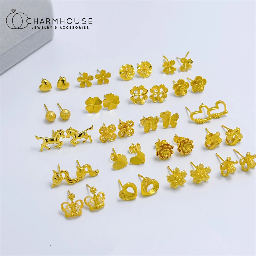 Stud Earrings for Women Gold Color Horse Bead Flower Charm Earing Brincos Femme Vintage Jewelry Accessories Wholesale Party Gift