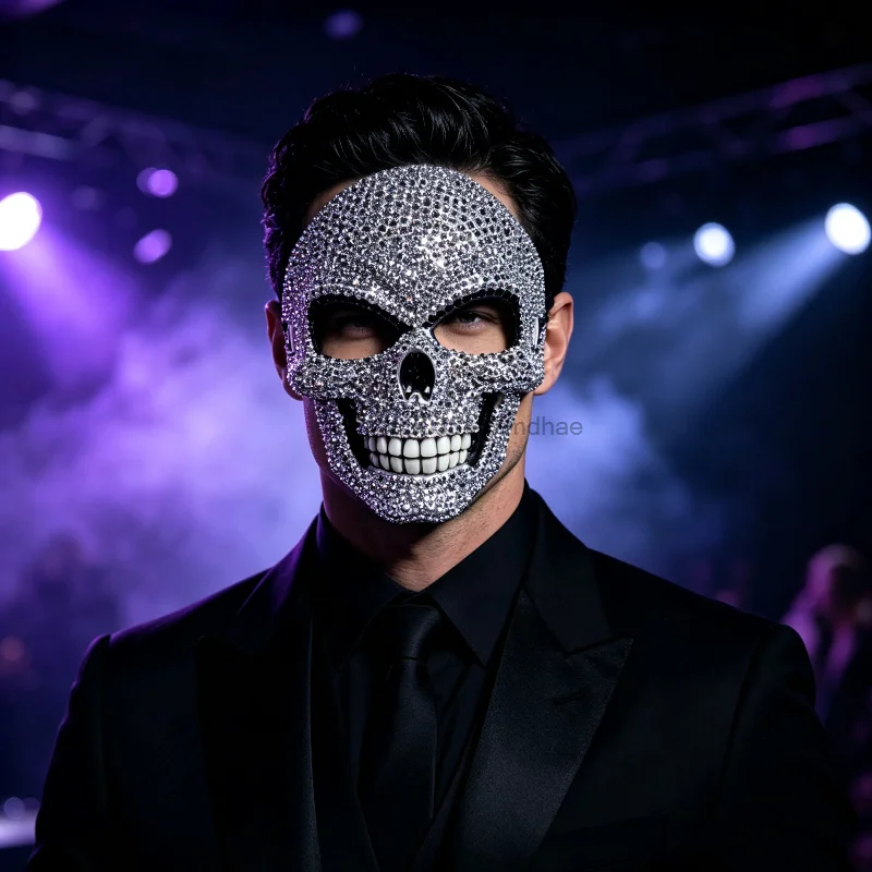 Rhinestone Skull Full Face Mask Shiny Crystal Skeleton Mask Halloween Cosplay Costume Prop For Party Masquerade Stage Show