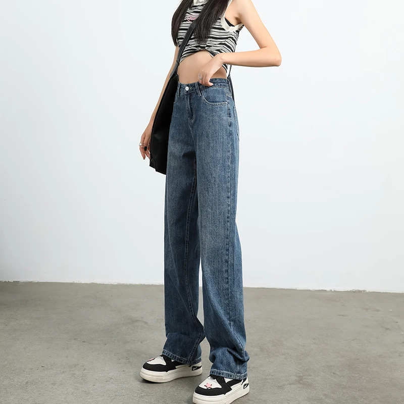 OUSSYU Brand Woman Jeans High Waist Wide Leg Cotton Denim Clothing Blue White Streetwear Vintage Fashion Harajuku Straight Pants