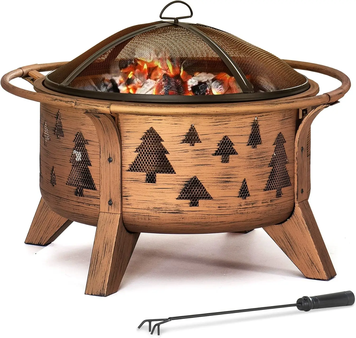 Fire Pit 30 in. Outdoor Wood-Burning Fire Pit, Patio Tree Motif Round Steel Firepit Large Fire Pits for Outside with Spark