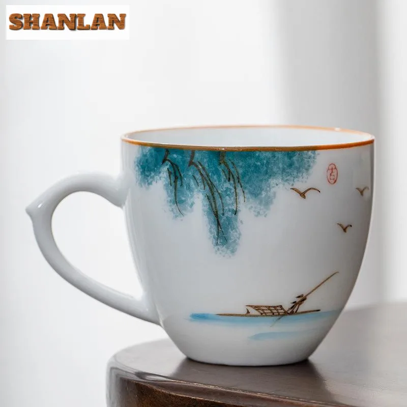 Taza de porcelana blanca pintada a mano, vaso pequeño con mango de color, jarra de agua, Chazhan, degustación Personal