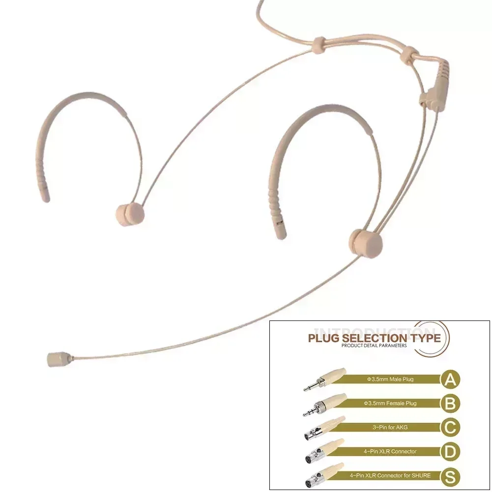 SPORTFUNSF Adjustable Beige Double Earhook Headset Mic Microphone Lockable Headworn Microphone 3.5mm 3 Pin 4 Pin XLR Plug