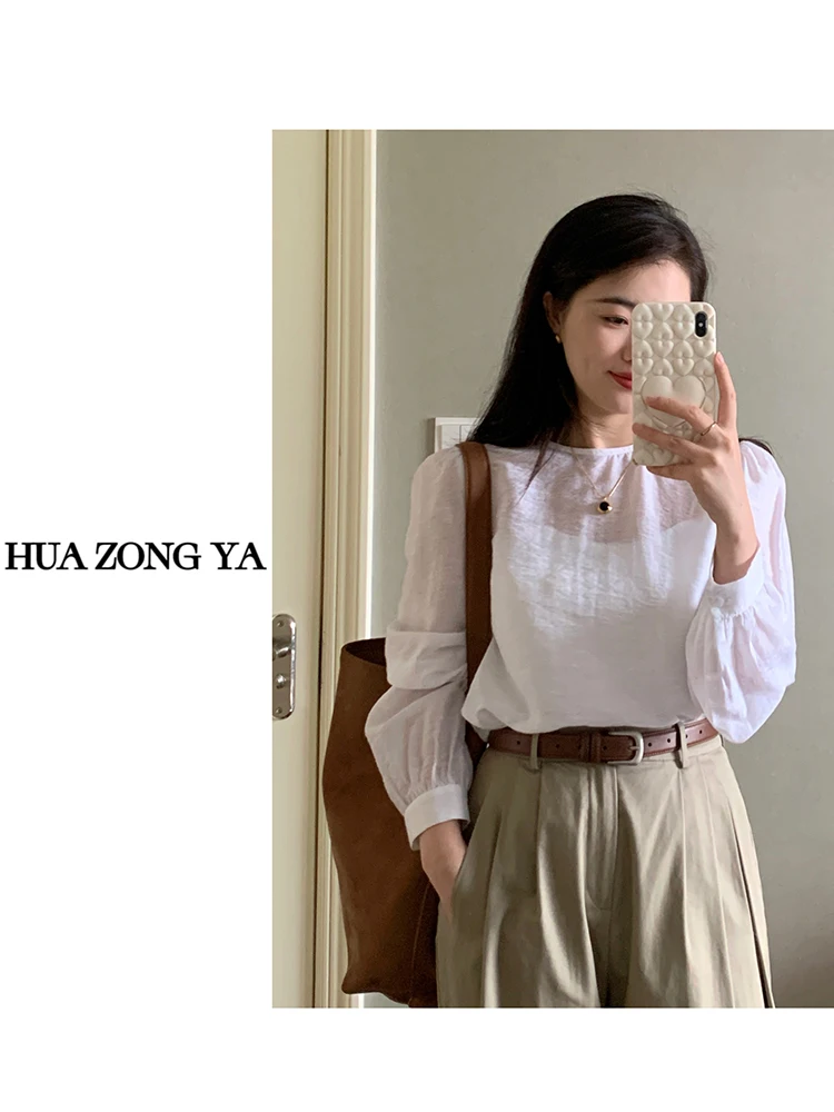 

Романтическая женская футболка с длинным рукавом, свободного кроя, из хлопка, с круглым вырезом, в французском стиле, премиум-класса, для ранней осени