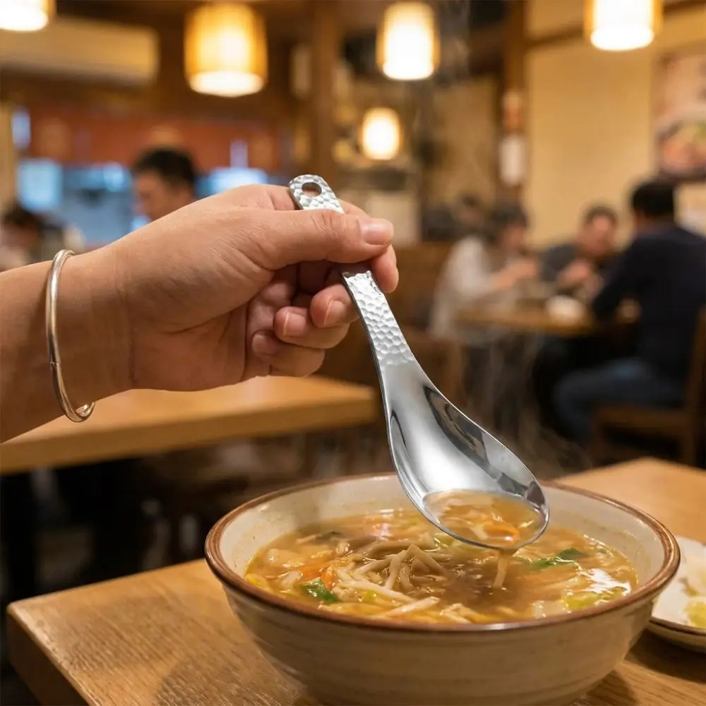 Multipurpose Hammer Patterned Stainless Steel Spoon with Hanging Hole Thickened Soup Spoon Deepen Dessert Spoon Camping