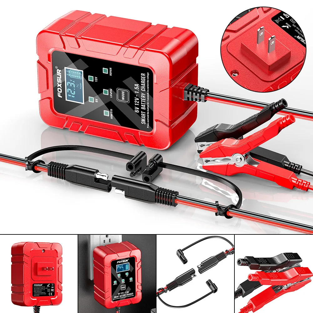 

Автомобильное зарядное устройство для мотоцикла, 6 В, 12 В, 1,5 А, 30 Вт, литий-железная батарея, свинцово-кислотное импульсное зарядное устройство для ремонта