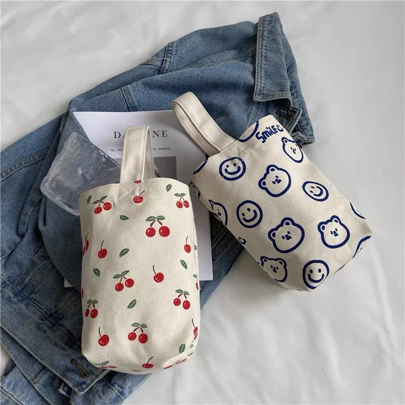 Canvas Bag with Cartoon Print, Casual Canvas Bag for Female Students, Large Capacity Handbag, Cute Water Bottle Bag for Children