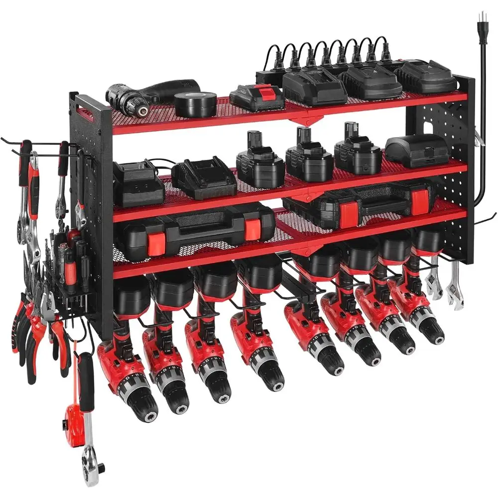 

4-уровневая стойка для хранения инструментов с 8 держателями и боковой перфорированной панелью, органайзер для гаража с 8 розетками-удлинителями