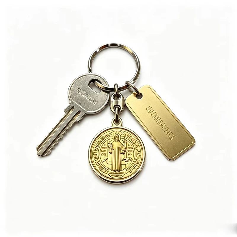 Gold Silver Plated St Benedict Medal Keychain Religious Charm for Christian Faith Protection Car Keys Bags and Backpacks Decor