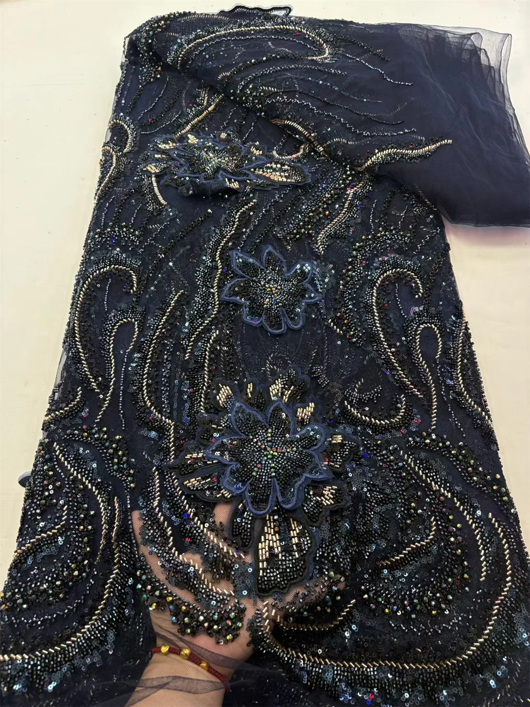 High Grade Shiny Sequins Tulle Lace Fabric with Tube Beads Sequins Embroidery French Net Lace for Party Wedding