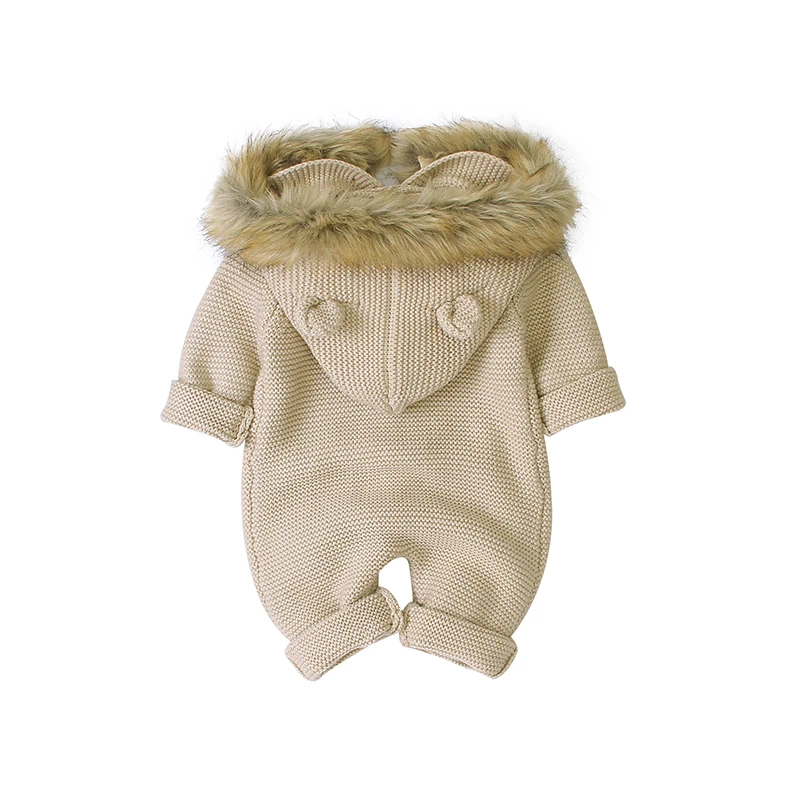 Classic Solid Color Long Sleeve Knit Acrylic Fluffy Hooded Baby Boys & Girls Rompers Soft Newborn Onesie Infant Pajama Clothes