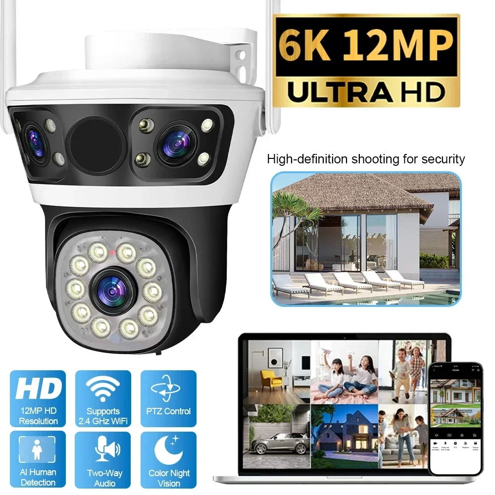 12MP Outdoor WiFi IP Camera Three Lens Three Screen Infrared Color Night Vision Human Detection Security Video Surveillance CCTV