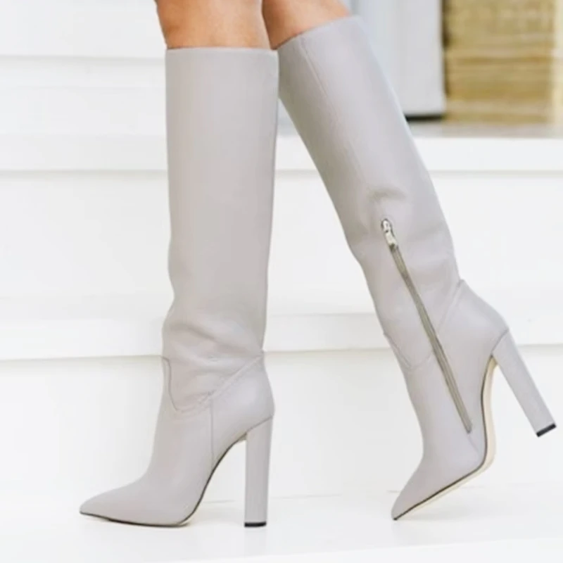 Newest Matte Leather Chunky Heels Boots Pointed Toe Zipper Thick Heels Tight High Boots Brown Black Gray Leather Tall Boots