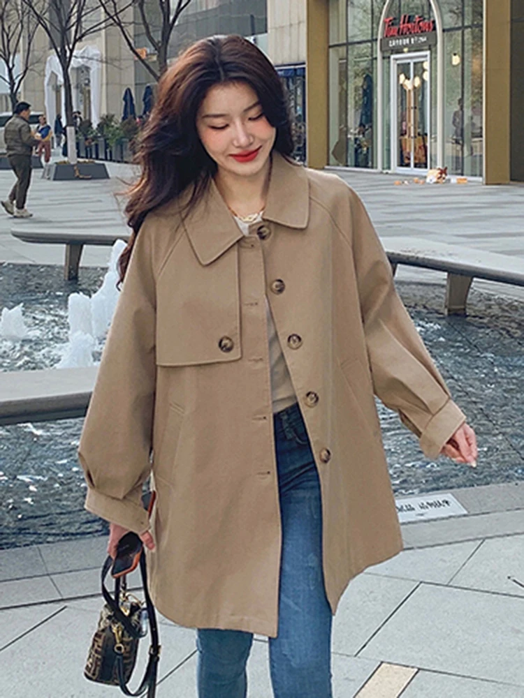 [MODX]  Khaki Asymmetric Casual Trench Women New Lapel Long Sleeve Loose Fit Windbreaker Fashion Tide Spring Autumn 2024