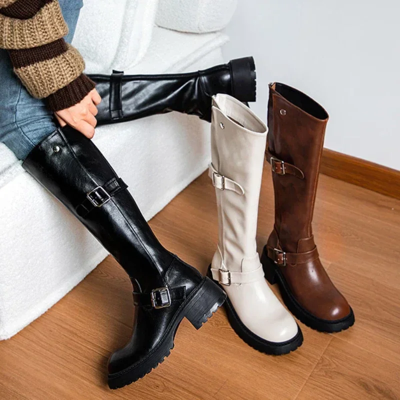 Stivali da cavaliere con cinturino con fibbia moda donna Autunno Inverno Stivali alti al ginocchio con plateau Donna Vintage PU Pelle lunga Botas