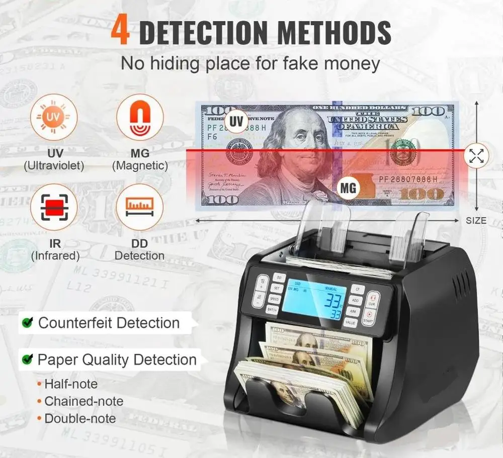 Money Counting Machine with UV MG IR DD Counterfeit Detection for USD EUR Features Add Batch Modes Large LCD External Display