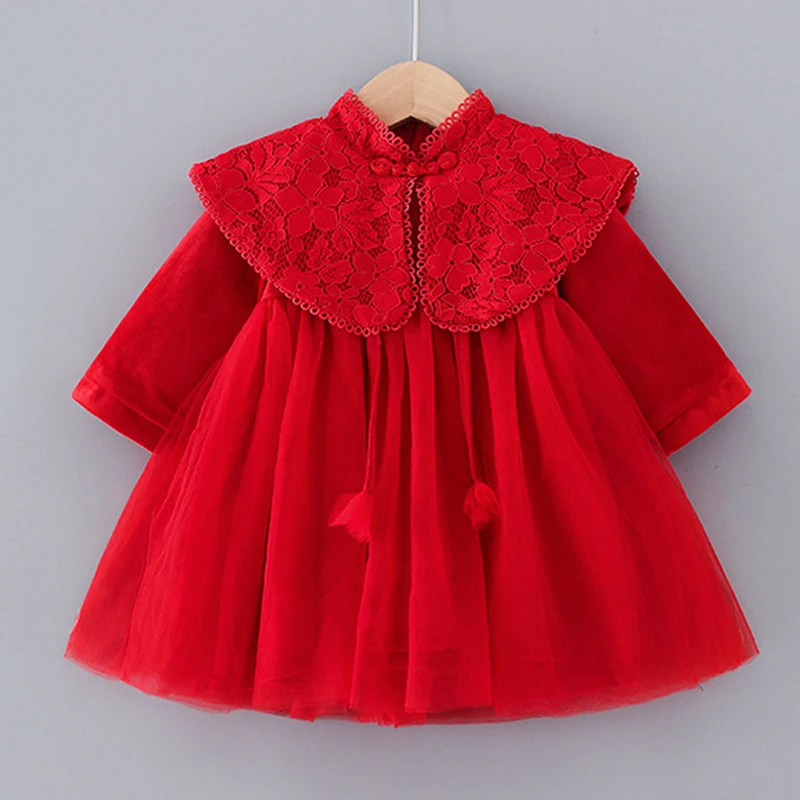 

Baby Girl Tang Suits Chinese Style 2023 Winter Lace Shawl A-Line Girls Winter Dress Warm Red New Year Party Fairy Princess Dress