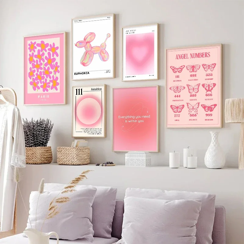 Multiple sizes 1pc frameless Canvas Painting,Pink Flower Market Exhibition Canvas Painting Angel Number Abstract Poster Wall Art