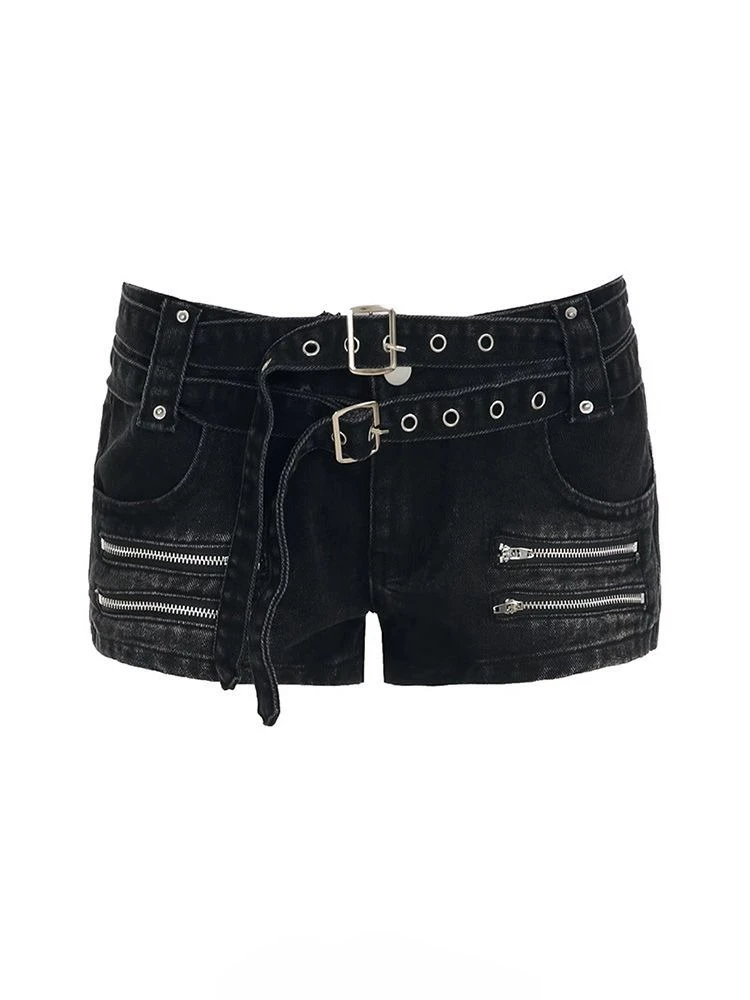 Retro Spice Girl Y2k Zipper Splicing Low Waist Slim Super Denim Shorts with Belt