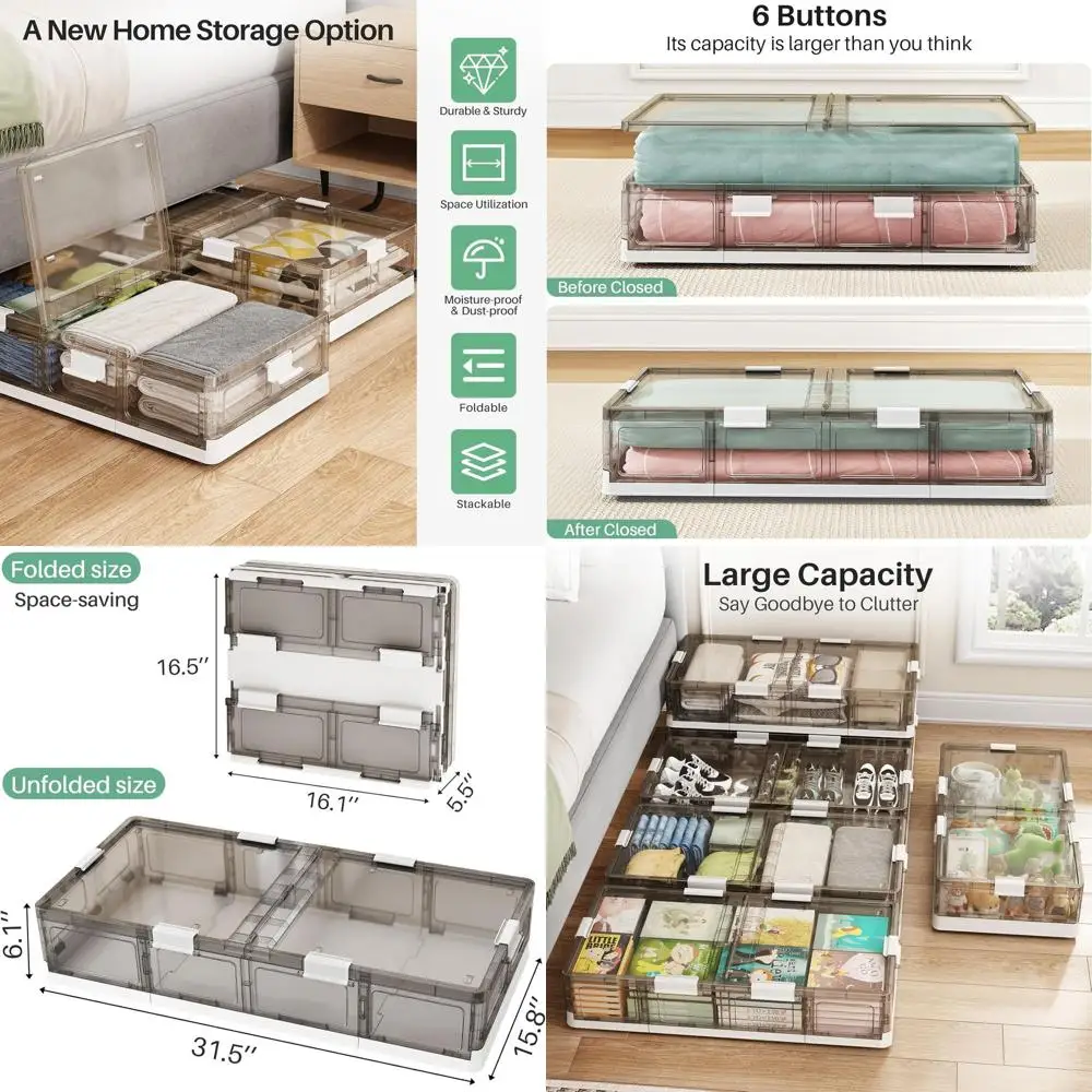 

Double Pack Underbed Storage Boxes with Wheels, Collapsible & Stackable, 13.6 Gallon Dust & Moisture Resistant Organizers for Cl