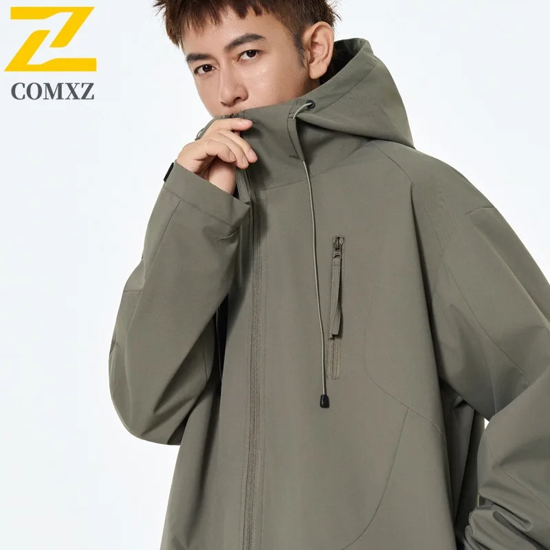 COMXZ Men Jacket Classic Hood Outdoor Adventure Multifunctional Coat Fashion Solid Color Street Style Lightweight Autumn Garment