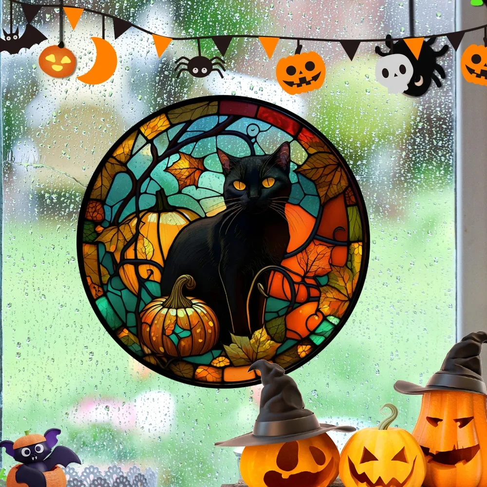 Halloween Window Glass Stickers Home Decoration PVC Colorful Horror Castle Cat Static Glue Free Decorative Film Party Room Decor