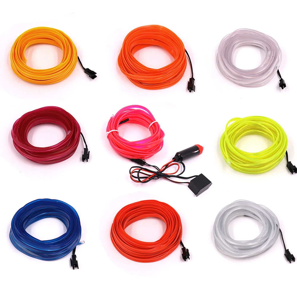 

1m/3m/5m Sewable EL Wire Tron Glow Wire Easy Sew Tag flexible led Neon Strip + 12V car inverter driver Free shipping