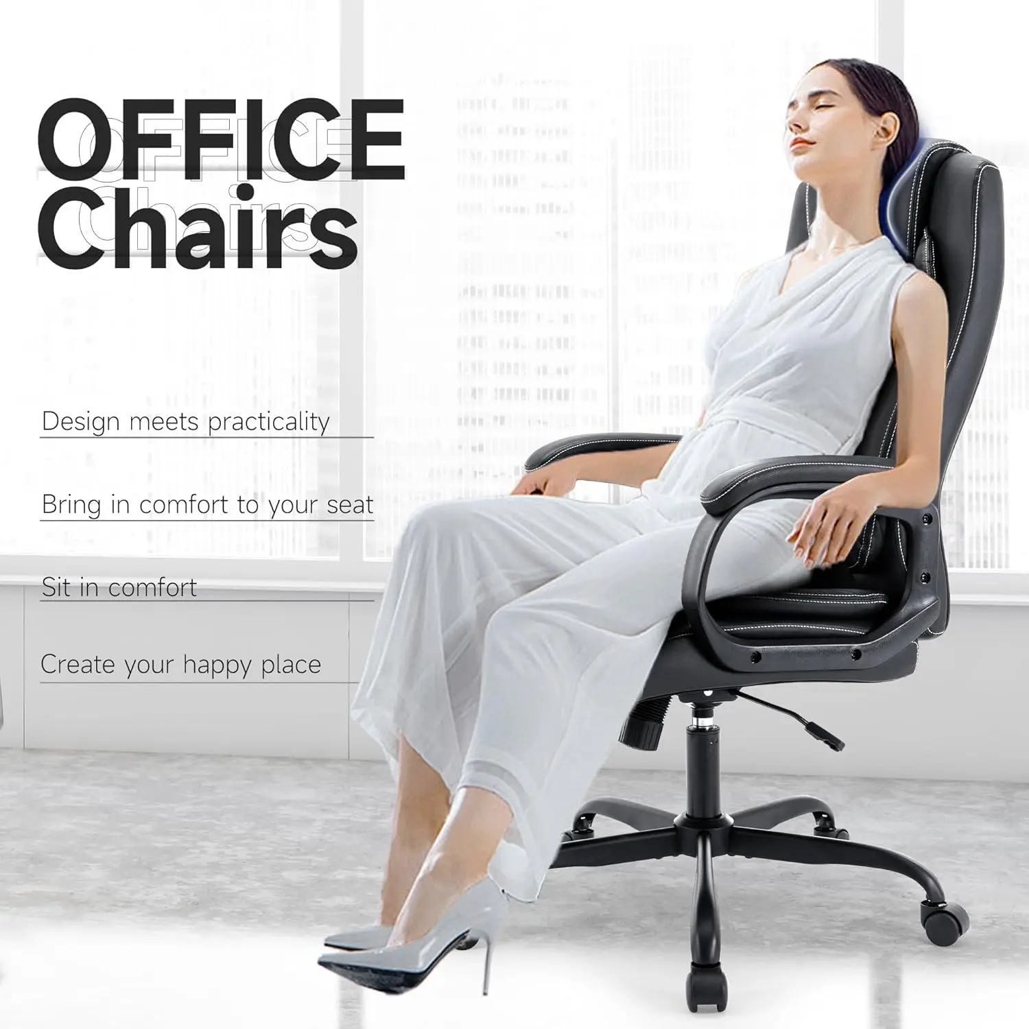 Executive Ergonomic Office Chair Comfortable PU Leather Thick Padded Rolling Swivel COMFY Desk Chair For Long Sitting Hours