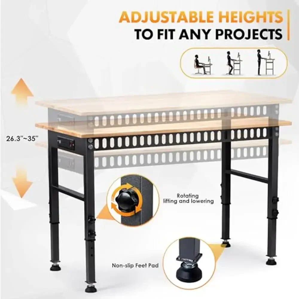 높이 조절식 단단한 고무 목재 상단 작업대 2000, LBS 부하 용량, 전원 콘센트 및 발 패드, 헤비 듀티 워크스테이션 ETL, 48 인치