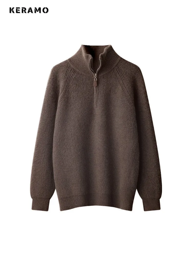 

Женские винтажные вязаные пуловеры с длинными рукавами, зимняя мода 2025 года, повседневные однотонные джемперы с круглым вырезом, женский свитер на молнии, топ