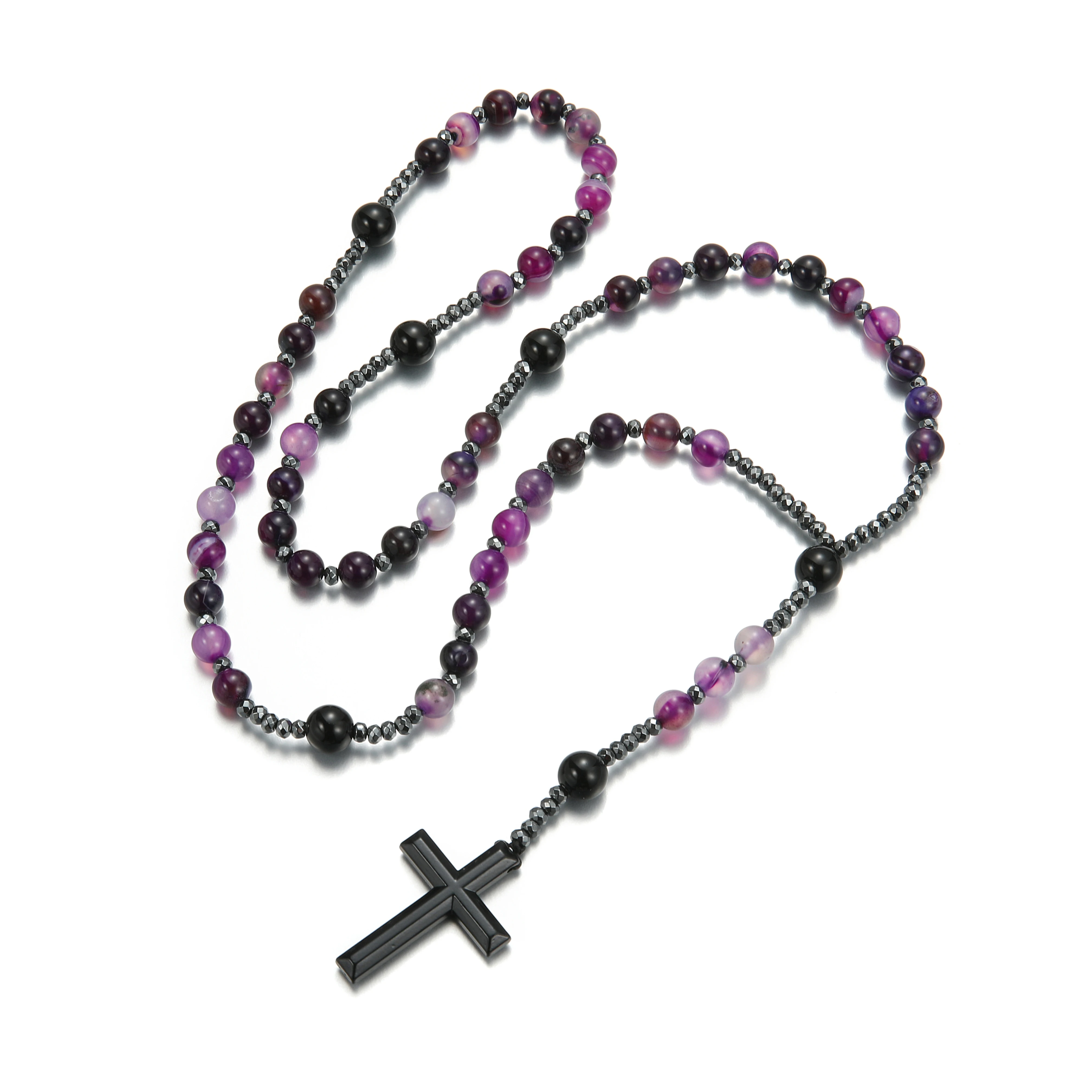 Modischer Edelstein, lila und grün, runde Perlen, Perlen, Kreuz-Anhänger, Rosenkranz-Halskette für Männer und Frauen, Gebetsgeschenk – Detail 4