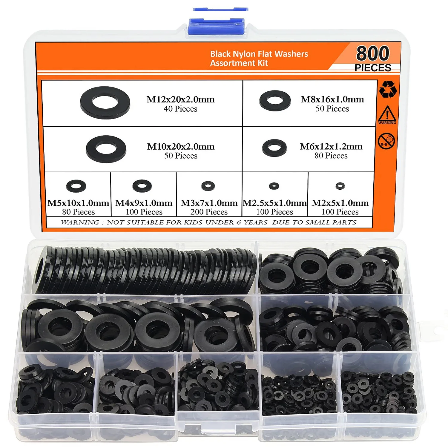 800pcs Set Black Nylon Flat Washers M2-M12 9 Sizes Metric Taps Bolt Size Assorted Pack for Home Repair And DIY Projects
