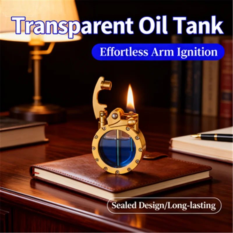 

Retro transparent oil tank metal rocker arm lighter creative gift lighter metal body texture personality niche non collision sty