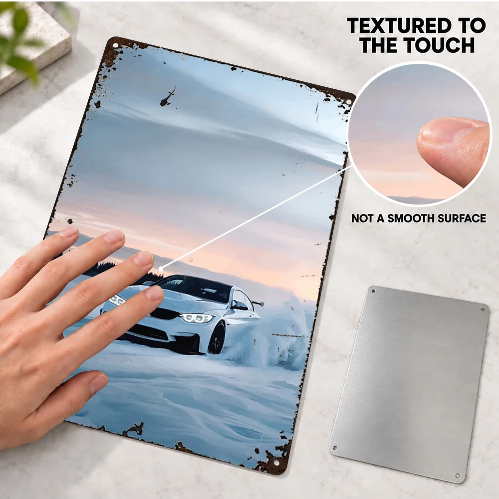 German White M4 Drifting In Snow Car Aluminum Poster Customized Metal Sign Futuristic Design Wall Art For Study Collector Gift