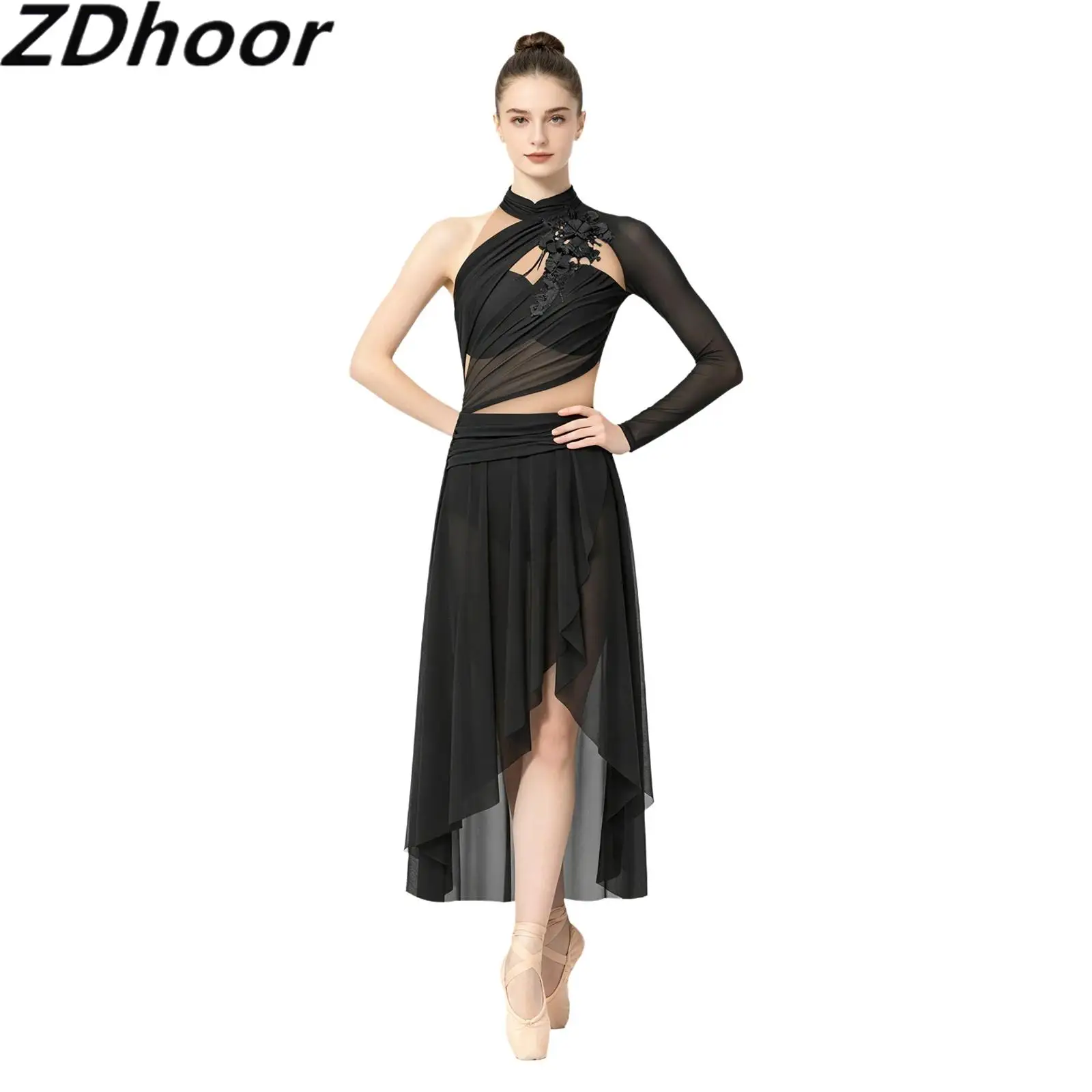 Women Lyrical Dance Bodysuit Dress 3D Applique Embroidery Back Keyhole Irregular Hem Buttoned Crotch Asymmetrical Dress