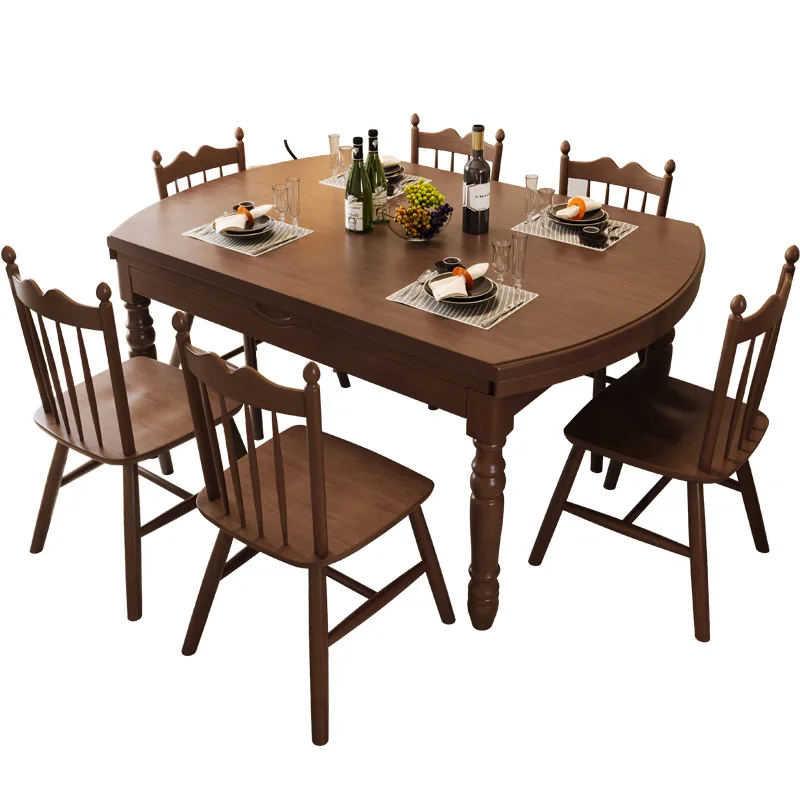 

American retro all-solid wood dining table and chair combination retractable foldable dining table household square and circle