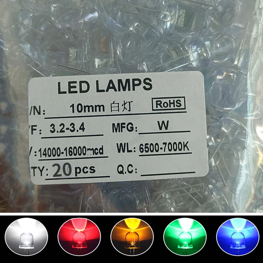 20Pcs 8MM 10mm LED Diode Set Emitting White, Green, Red, Blue, Yellow, Pink, Purple, Orange RGB Fast and Slow Diffuse Reflection