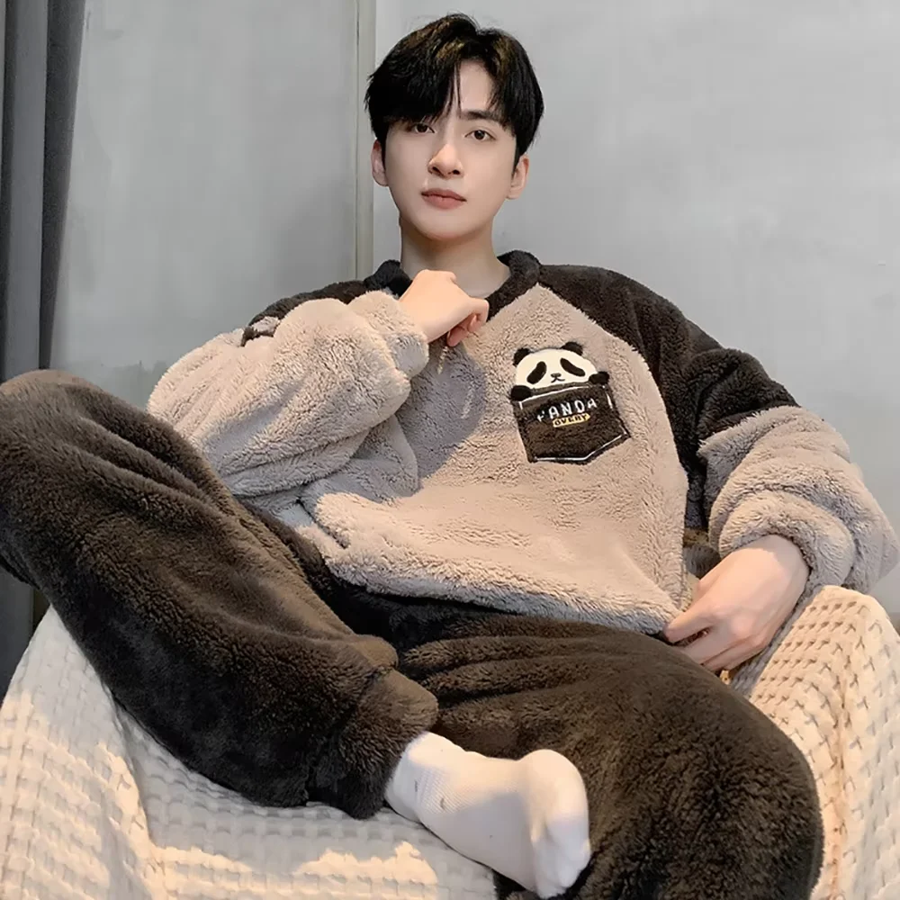 Fashion Cartoon Winter Men O Neck Sleepwear for Sleeping Thicken Plush Flannel Warm Pajamas Set Comfortable Soft Pyjamas Homme