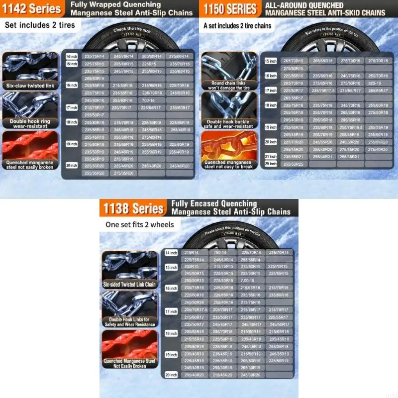 Steel Tire Snow Chains with Hexagonal Ice-Gripping Chain Pattern, 2-Chain Set for Added Grip on Snow and Ice in Winter D7YA