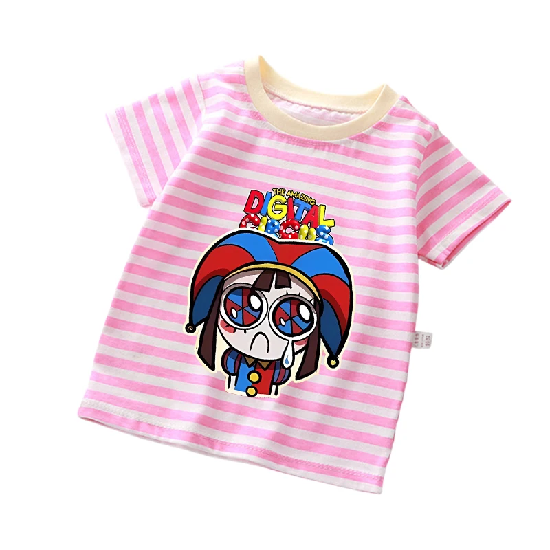 Cute Amazing Digital Circused Striped T-Shirt Short Sleeve Cute Cartoon Summer Girls Clothes Fashion Casual Wear Birthday Gifts